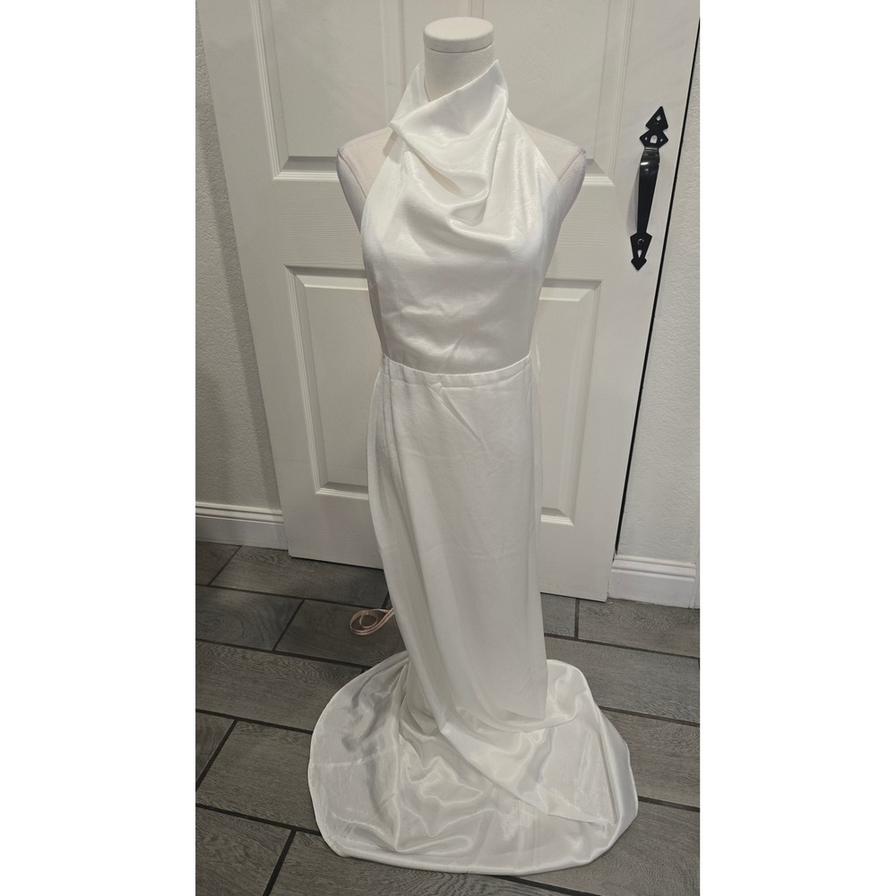 Lulus White Satin Cowl Neck Halter Backless Maxi Dress Bridal Wedding Small NWT
